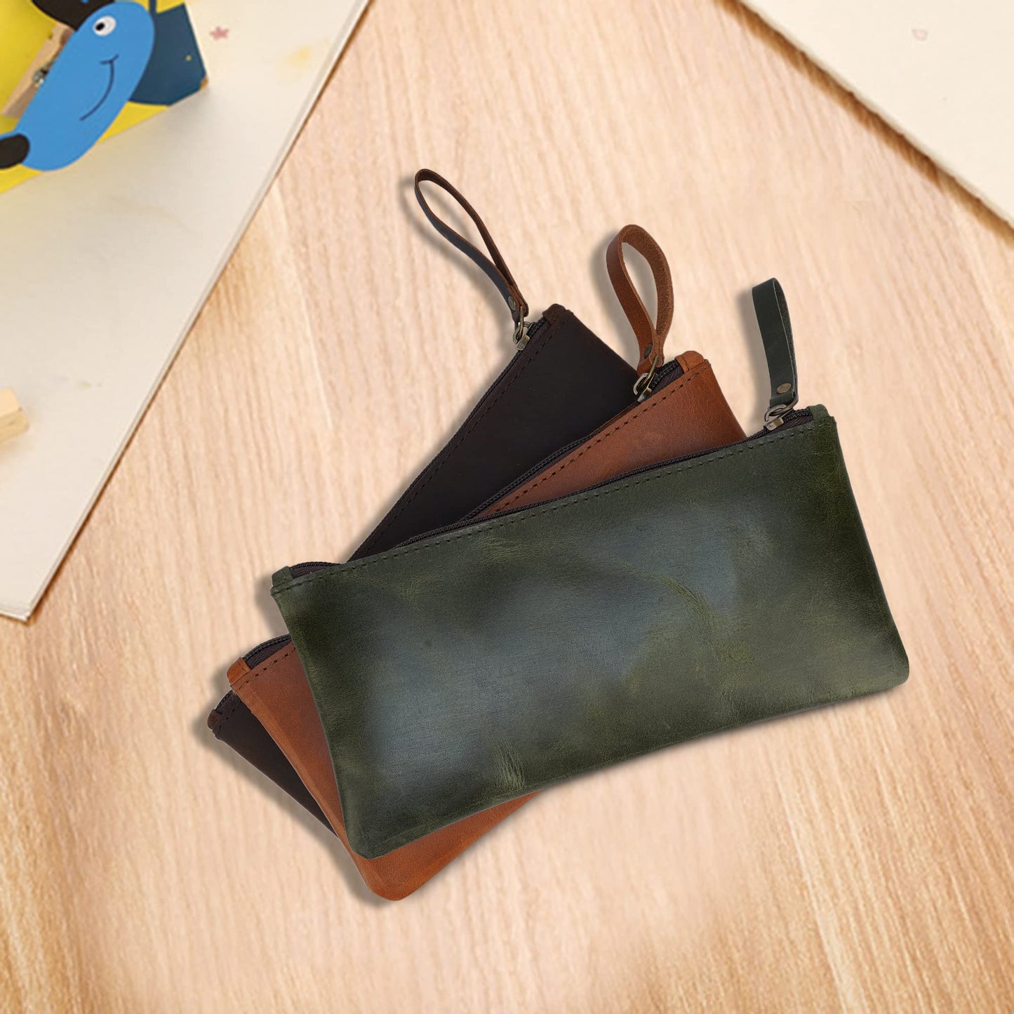 TheAntiq Leather Pencil Pouch, Currency Pouch, Leather Pencil Case, Zippered Pouch Paper Money, Pen Case, Pen & Marker Case, Pencil Case For Artists & Professionals (Brown)
