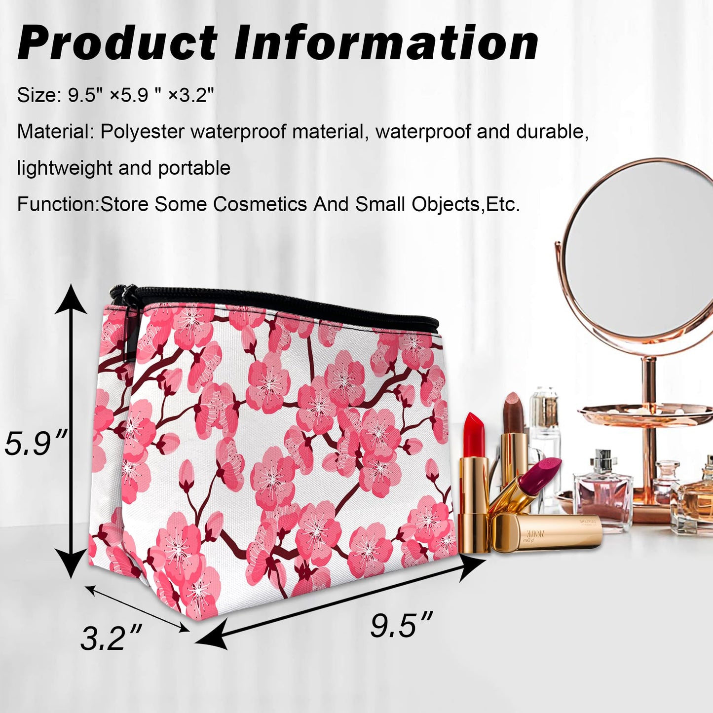 DEMACYA Cherry Blossom Makeup Bag for Purse, Waterproof Funny Japanese Pink Sakura Cosmetic Bag for Women, Zipper Travel Pouch Gift 9.5×5.9 Inch