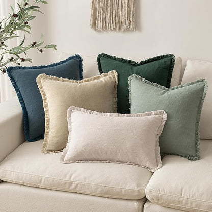 MIULEE Decorative Throw Pillow Covers Neutral Linen Fringe Throw Pillows Set of 2 Beige Boho Farmhouse Cushion Covers with Tassels for Couch Sofa Bed Living Room Spring Home Decor 16x16 Inch