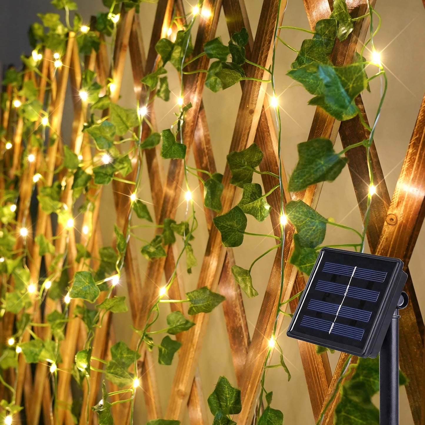 suddus Solar Ivy String Lights Outdoor Waterproof, 33Ft 100 LED Fake Vines with Lights, Artificial Greenery Leaf Fairy Light for Privacy Fence, Wall, Patio, Garden, Balcony Decor (Warm White)