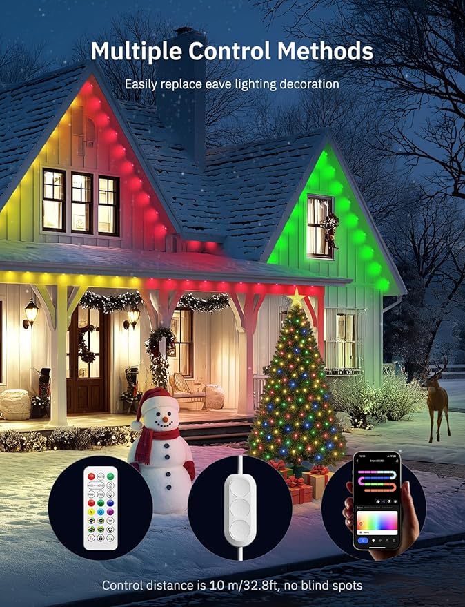 100FT Permanent Outdoor Lights Pro, 50 IC+RGBCW Smart Eaves Lights with 48 Scene Modes, IP67 Waterproof Outside String Lights for House Halloween, Christmas All Year Decor, APP/Remote Control