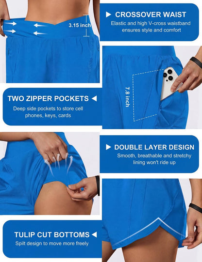Blooming Jelly Women's Workout Shorts Athletic Running Casual Summer Quick Dry Gym Active Shorts with Zipper Pocket (Blue,Large)