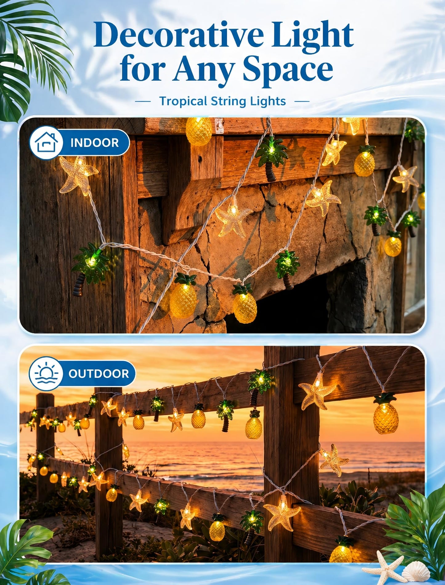 19Ft Hawaiian Beach String Lights Outdoor with 35 LED Starfish, Pineapple & Palm Tree Lights, Plug-in Tropical Party Decoration for Patio, Backyard, Garden, Window, Tiki Bar, Pool Party Decor