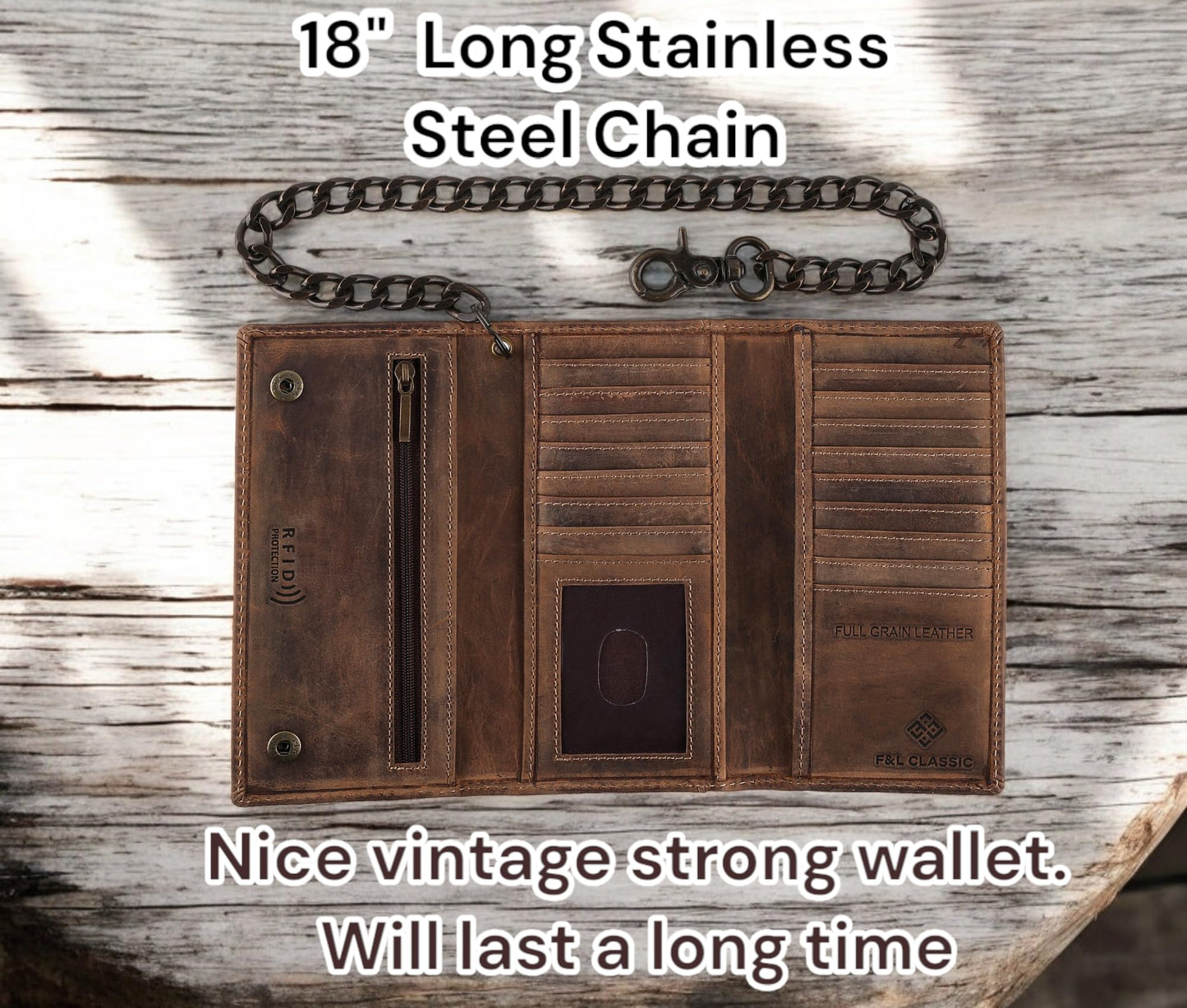 F&L CLASSIC RFID Blocking Mens Tri-fold Long Style Cowhide Leather Steel Chain Wallet,brown flag,212-100