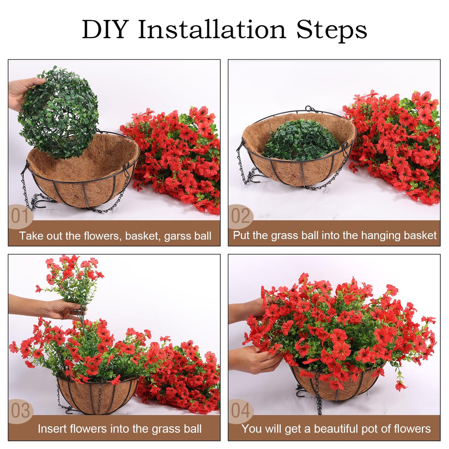 Hananona 24 Pcs Artficial Outdoor Flowers with Hanging Baskets, 2 Pack Hanging Planter with Red Outdoor Spring Flowers for Christmas Porch Home Patio Yard Decor (2, Red)