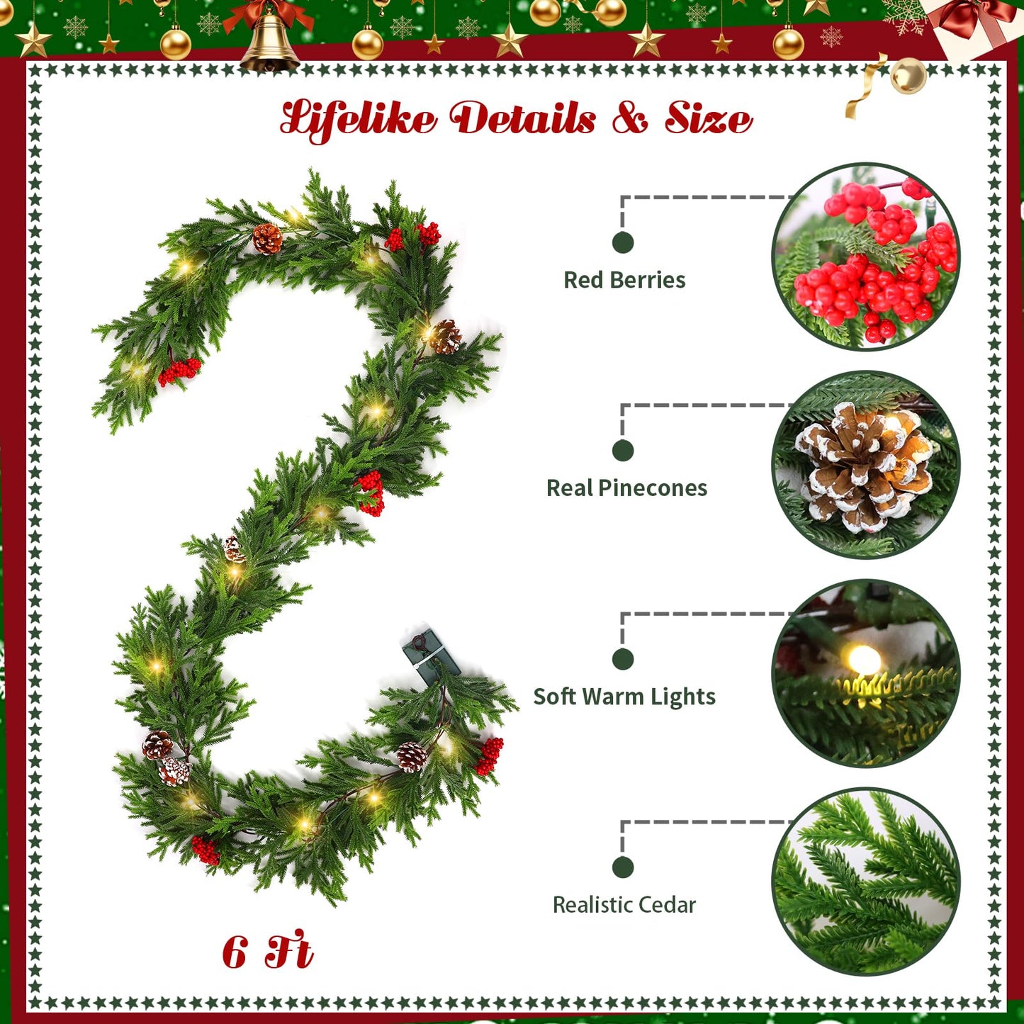6FT Prelit Christmas Garland with Lights, Realistic Cedar Garland with Red Berries Pine Cone Artificial Real Touch Greenery Lighted Xmas Garland for Mantle Stair Railing Fireplace Decorations