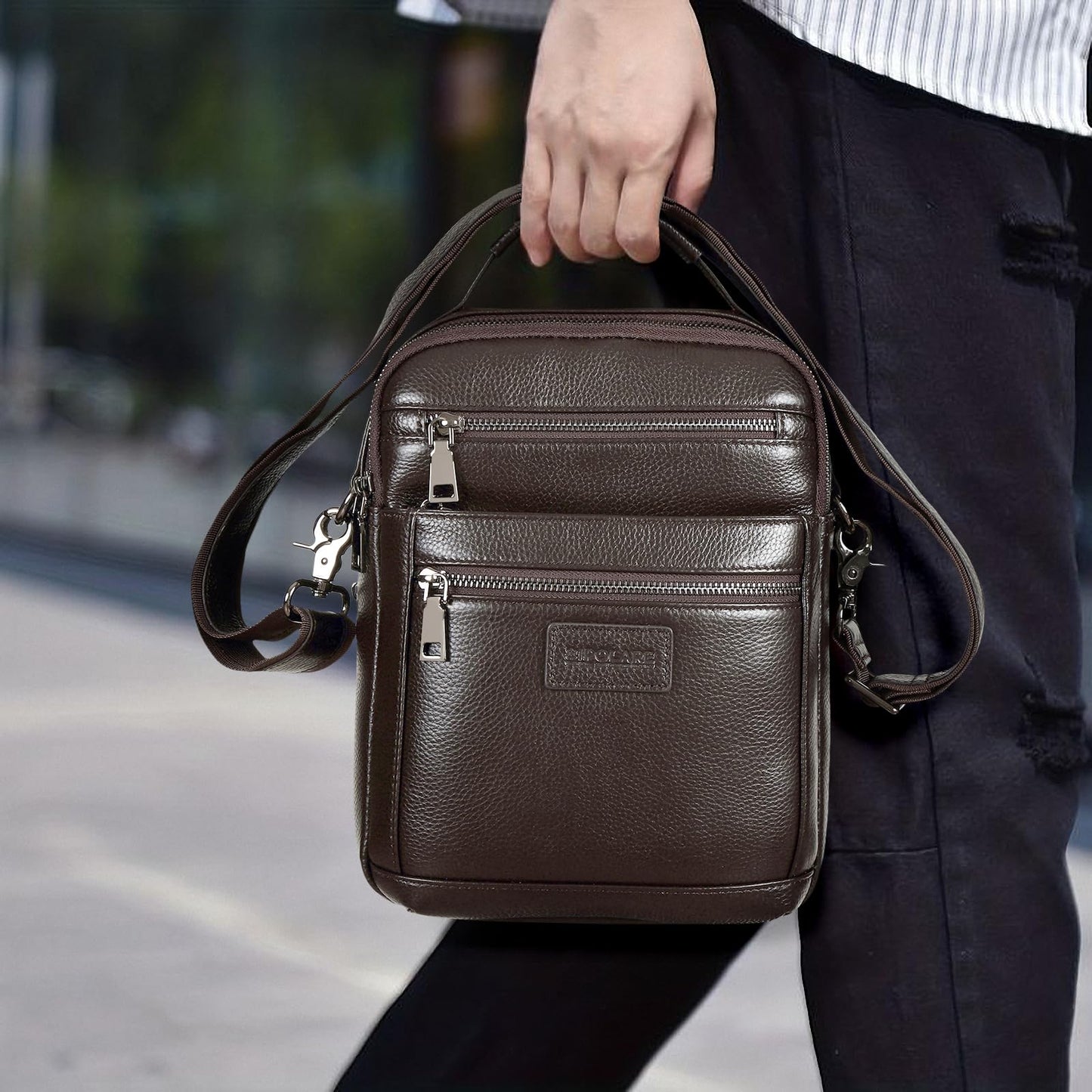 Polare Italian Full Grain Leather Messenger Bag Vintage Chest Shoulder Crossbody Bag Casual Sling Business Handbag for Men (Coffee)