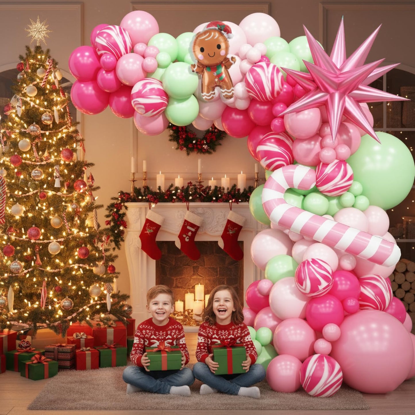 Christmas Balloon Arch Pink Green Balloons Garland Candy Cane Crutch Foil Balloons Explosion Star Xmas Pastel Agate Hot Pink Latex Helium Balloon Gingerbread Man New Year Birthday Party Decorations