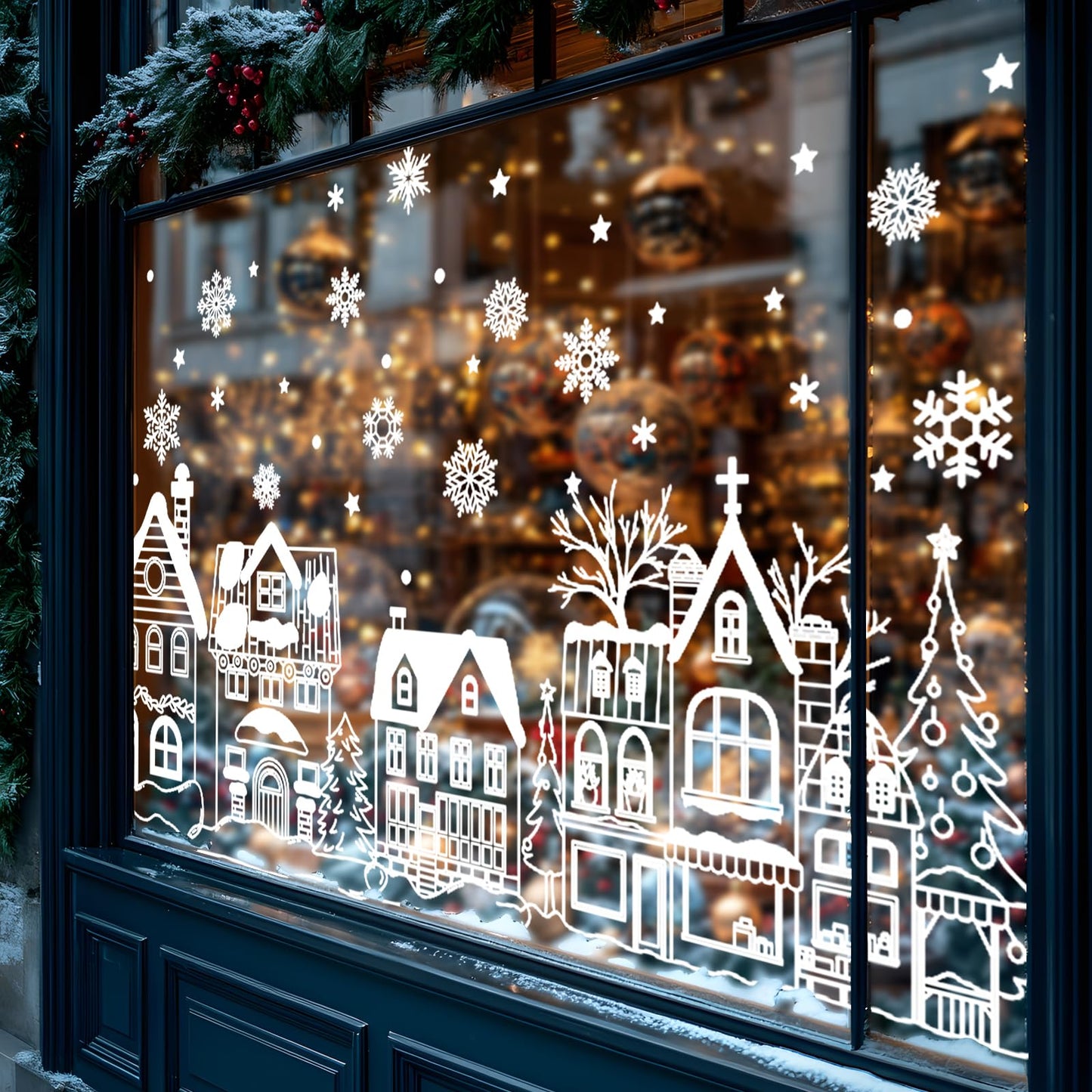 JarThenaAMCS 13.8 * 35.4'' Extra Large Christmas Window Clings 4 Sheets White House Snowflake Xmas Tree Window Stickers Double-Sided Glass Decals for Winter Xmas Home Classroom Office Party Decoration