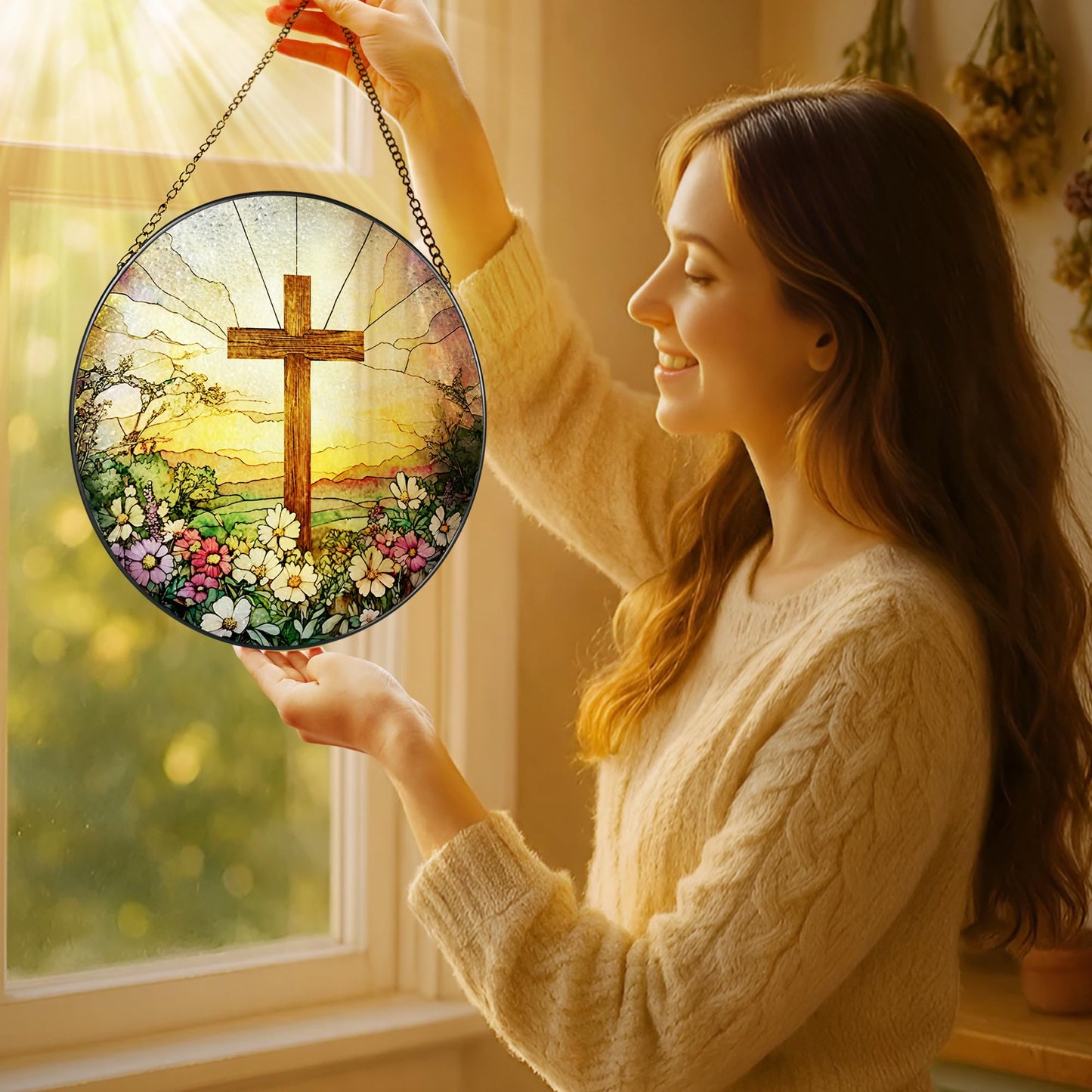 8 Inch Stained Glass Cross and Wildflowers Suncatcher Christian Stained Glass Windows Hanging Flower Cross Gift for Religious Easter Faith Christian Gifts Religious Home Decor
