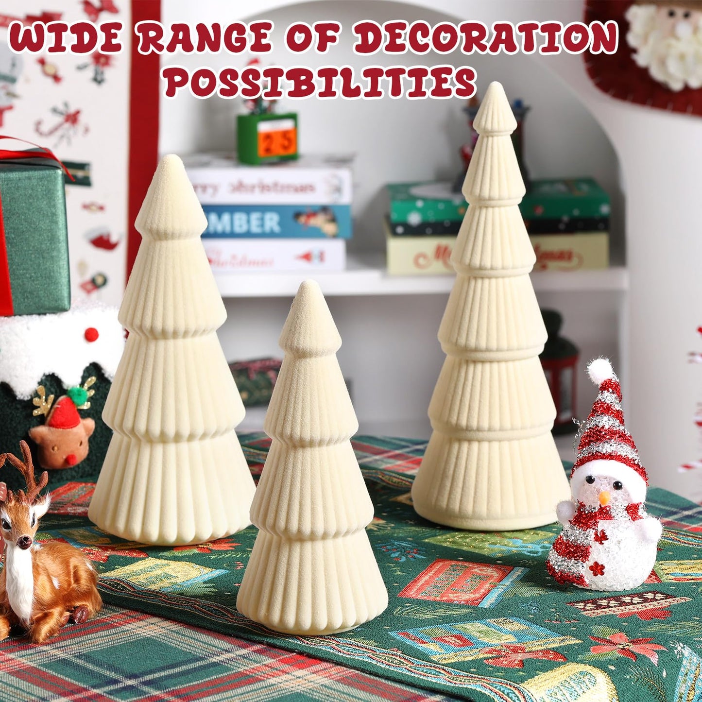 5 Pieces Christmas Velvet Trees Set Modern Christmas Decor 4 Szies Christmas Velvet Cone Trees Table Decoration Winter Decoration for Entryway Mantle Farmhouse(Creamy White)