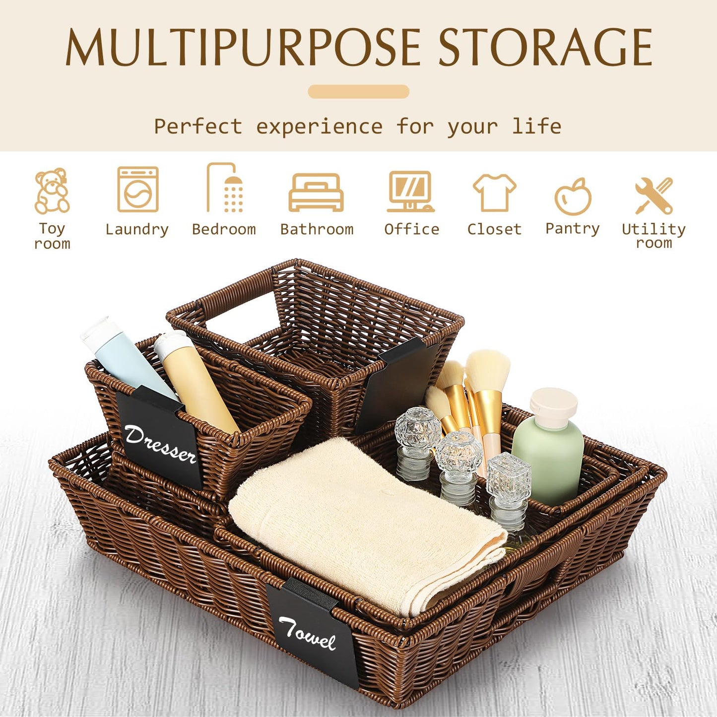 Marsui 9 Pcs Wicker Storage Baskets for Pantry Organization with Handle Labels Handwoven Multi-size Dark Brown Small Organizer Baskets Storage Bin Container for Shelves Closet Toilet Christmas Holiday