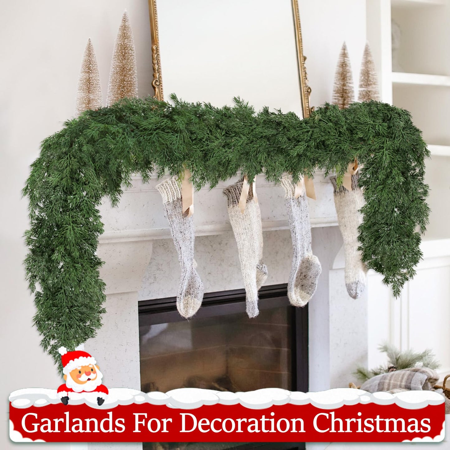 9Ft Christmas Garland Realistic Fuller,Natural Droopy,Bendable Stairs Railing Mantle Garland for Table Mantle Wall, Indoor Outdoor Lifelike Christmas Cedar Pine Decorations (Pine)