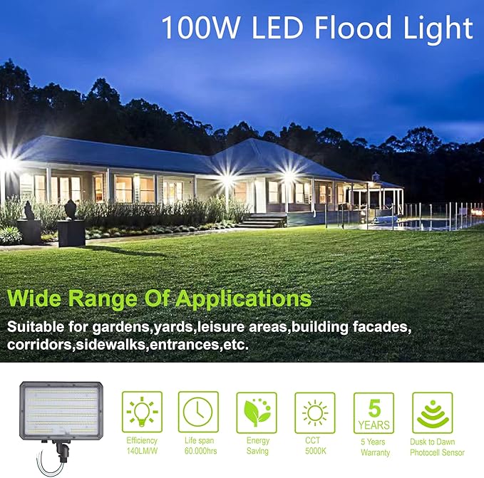 100W LED Flood Light with Knuckle, Outdoor Flood Light Dusk to Dawn Photocell 5000K 14000lm AC100-277V Equivalent 1000W, ETL Waterproof Wall Mount LED Security Lighting for Yard Entrance
