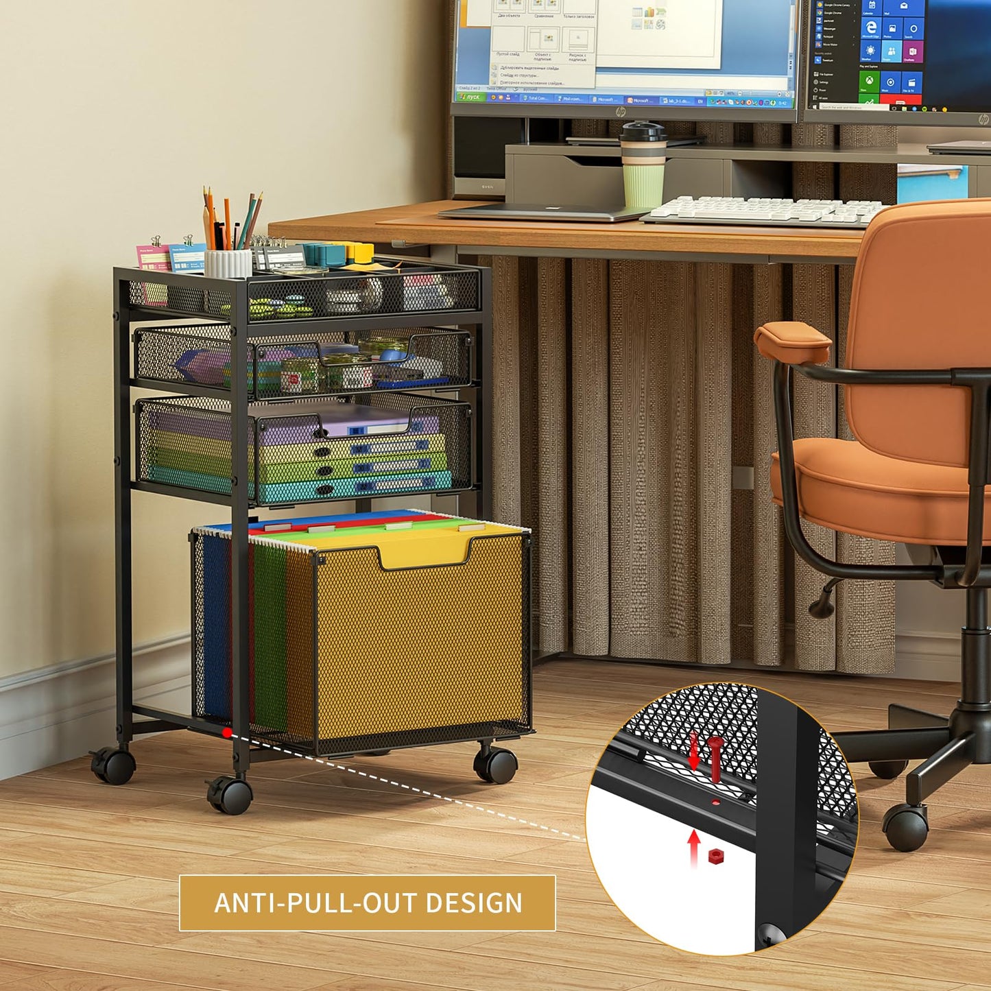 Rolling File Cart with 3 Storage Drawers, Under Desk Filing Cabinet with DIY Divider, Hanging File Folder Organizer on Wheels, Fits A4/Letter Size, Metal Utility Cart for Home Office, Black