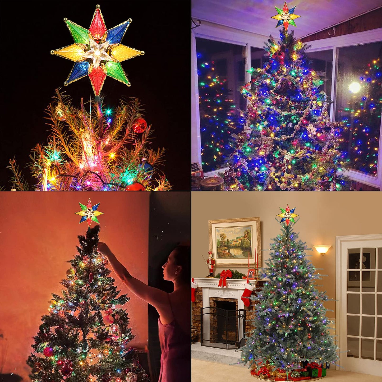 Brizled Christmas Star Tree Topper, 8" Lighted Double-Sided Christmas Tree Topper, 8-Point Multi Color Xmas Tree Topper with 10 Warm Lights, 120V UL Certified Tree Star for Christmas Tree Party Home