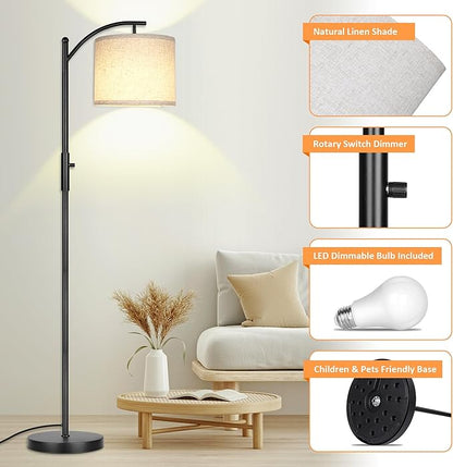 Dimmable Floor Lamp, Arc Floor Lamps for Living Room, Stepless Dimming Modern Standing Lamp with Linen Shade, Tall Lamp for Bedroom Office Dining Room- Black