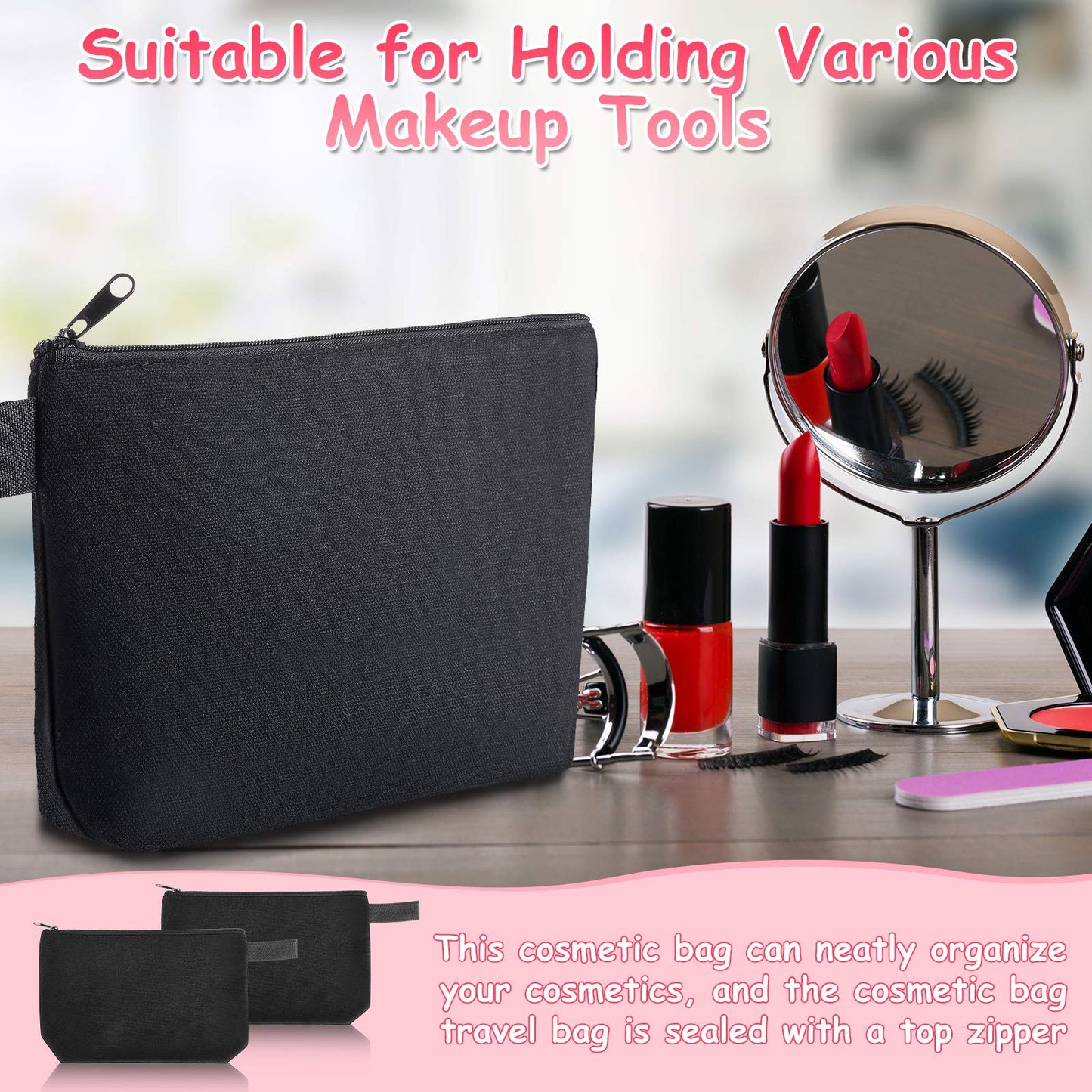 Weewooday 12 Pieces Blank Canvas Makeup Bags with Bottom Handle Bulk Sublimation Blank Zipper Makeup Pouch Canvas Cosmetic Bags for Women Student DIY Craft Travel Toiletry Pencil(Black)