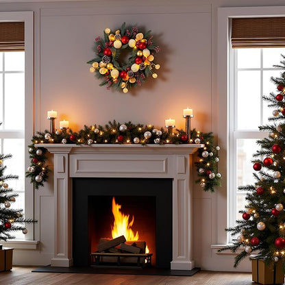 YULETIME 20-inch Christmas Wreath, Battery Operated Holiday Wreath with 20 Fairy Lights, Red & Gold Baubles, Frosty Red Berries, Pine Cones, Golden Leaves, Frosted Spruce Branches & Pine Needles