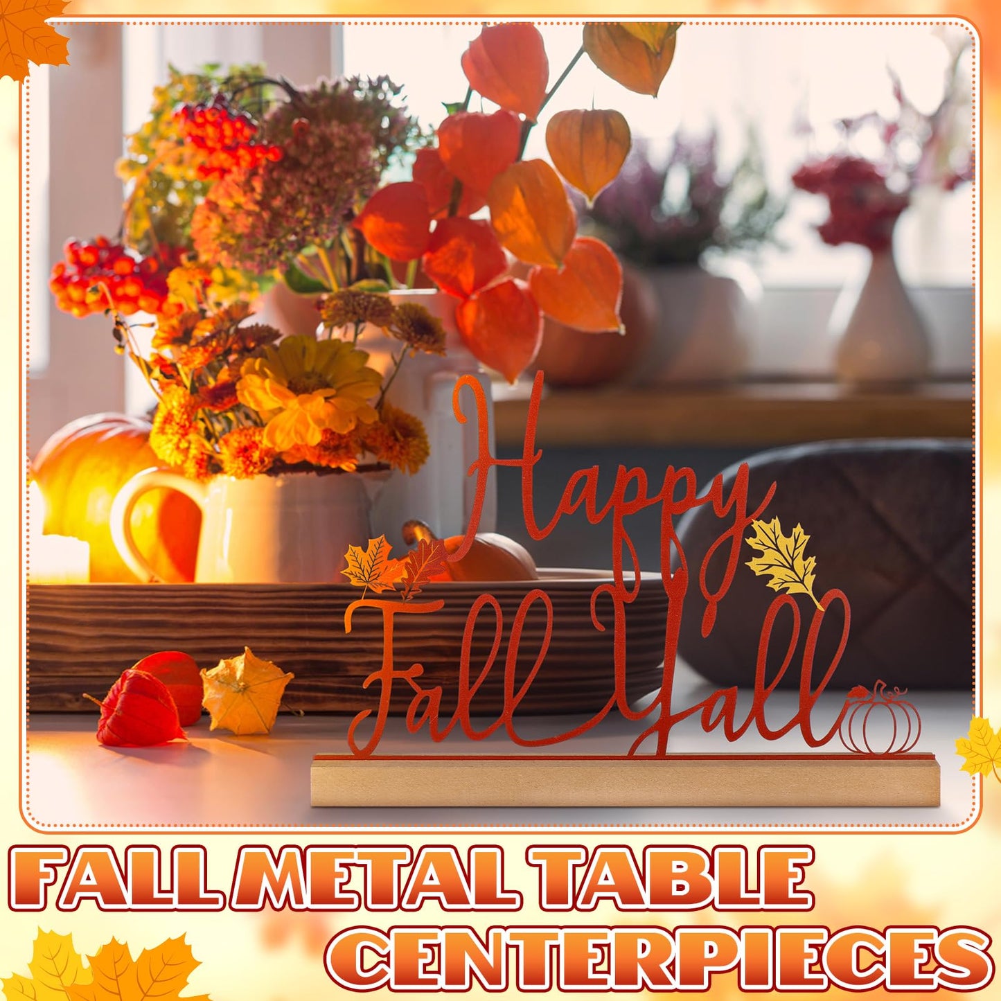 Yaocom 13.78 Inch Thanksgiving Fall Table Sign Happy Fall Y'all Metal Letter Decor Autumn Freestanding Tabletop Decoration with Wood Base Cutout Word Sign for Home Centerpiece Mantel Shelf Fireplace