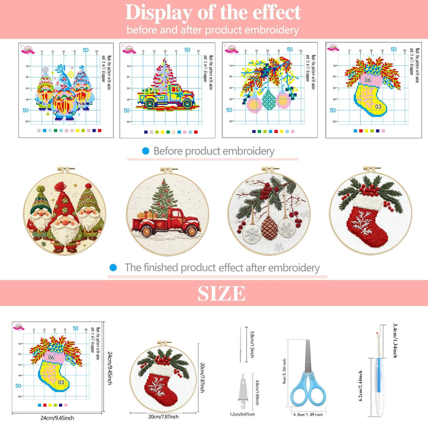 Zhenqing 11CT Stamped Cross Stitch Kit for Adults Beginners, Hand Embroidery Christmas Ornaments with Hoops and Instructions - Four-Piece Stocking Set (68448)