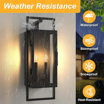 𝟐𝟏.𝟒𝟔𝐈𝐍 Outdoor Light Fixture, Dusk to Dawn Outdoor Lighting 2-Light, Waterproof Outdoor Wall Lights with Tempered Glass, Black Front Open Window Outdoor Lights for House Porch Patio