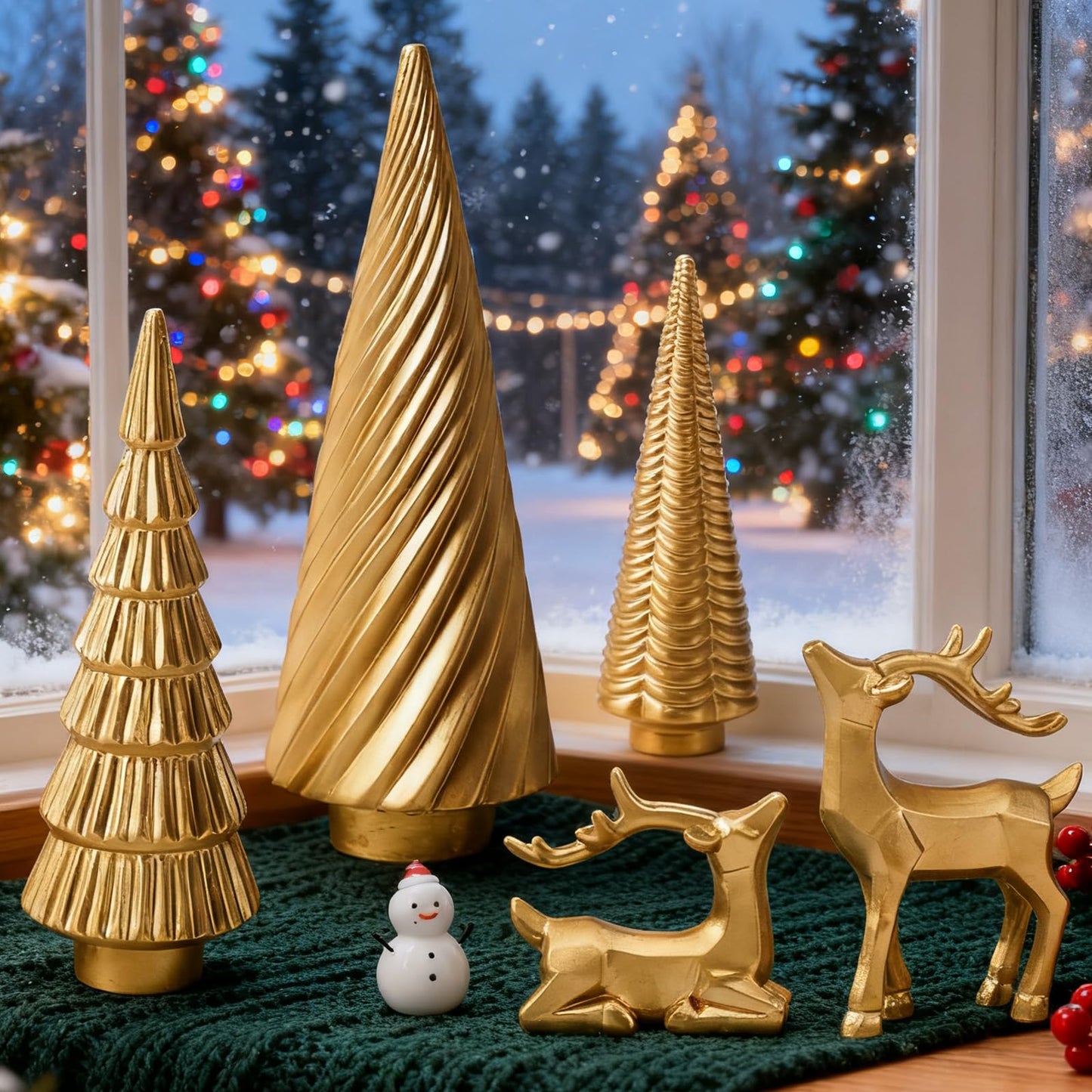 WDS WONDROUS Christmas Decoration Reindeer and Mini Trees Gold, Resin Reindeer Statues and Xmas Tree Figurines for Indoor Home Decor, Tabletop Mantle Cabinet Desktop Office