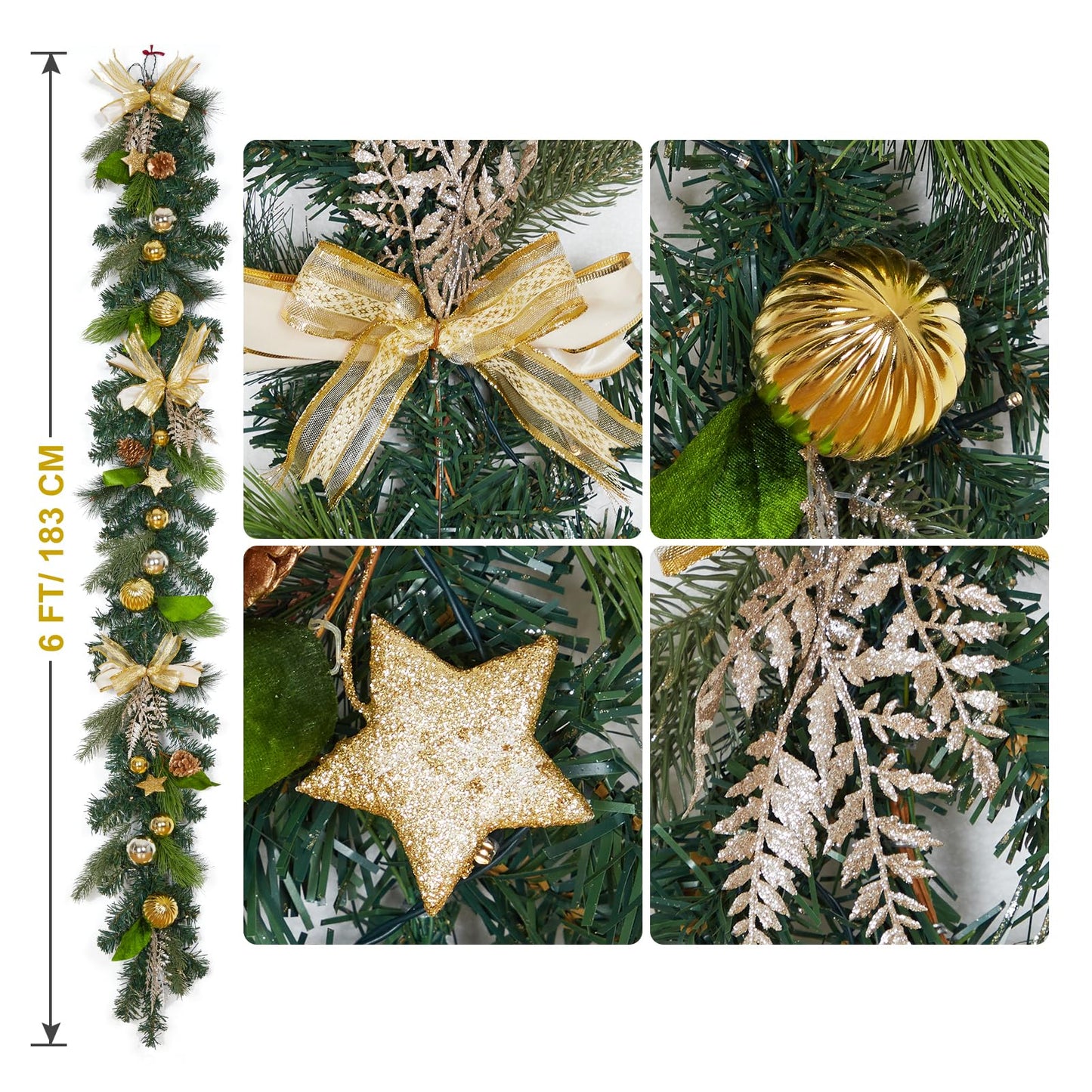LinTimes 6 FT Pre-Lit Christmas Garland, Gold Lighted Xmas Garland with 20 LED Lights with Timer for Mantle Staircase Table, Winter Garland with Ribbon, Xmas Ball, Pine Cones, Star, Battery Operated