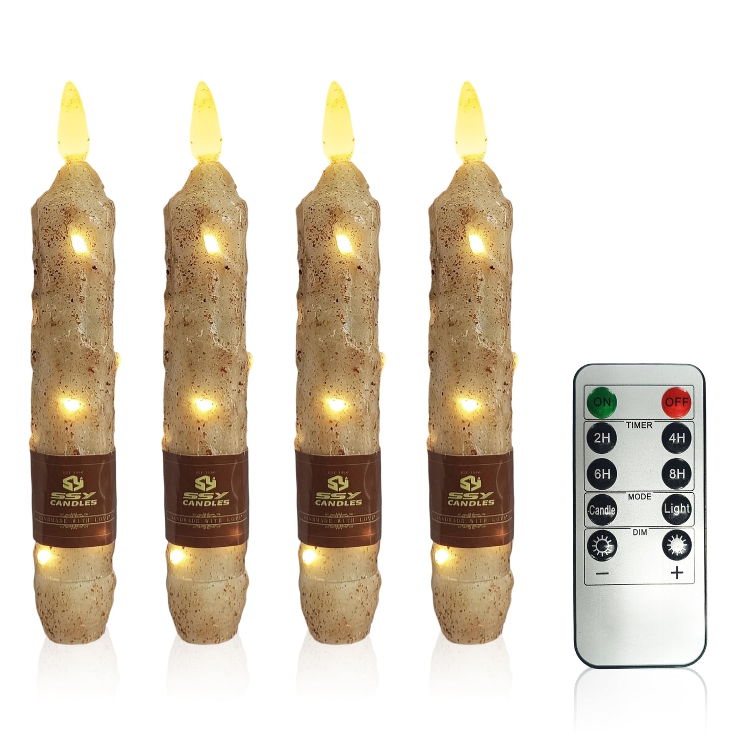 6.5 inch Natural Wood Color Flameless Taper Candles LED Flickering with 10-Key Remote, Battery Operated Led Warm 3D Wick Light Window Candles Real Wax Pack of 4, Christmas Home Wedding Decor
