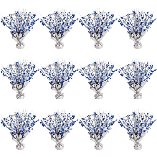 12 Pack Metallic Foil Spary Centerpieces for Tables, Silver NavyBlue Centerpieces for Tables Decorations, Star Brust Table Centerpieces for Birthday Graduation Wedding Baby Shower Party