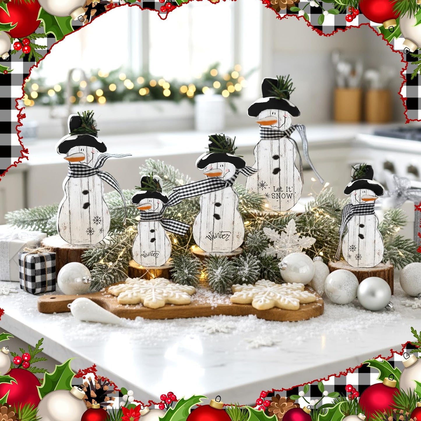 Threehoney Christmas Snowmen Wooden Ornaments Rustic Christmas Table Centerpieces Farmhouse Tiered Tray Decor Table Sign for Xmas Winter Holiday Party Home Office Shelf(5 Pcs,Farmhouse)