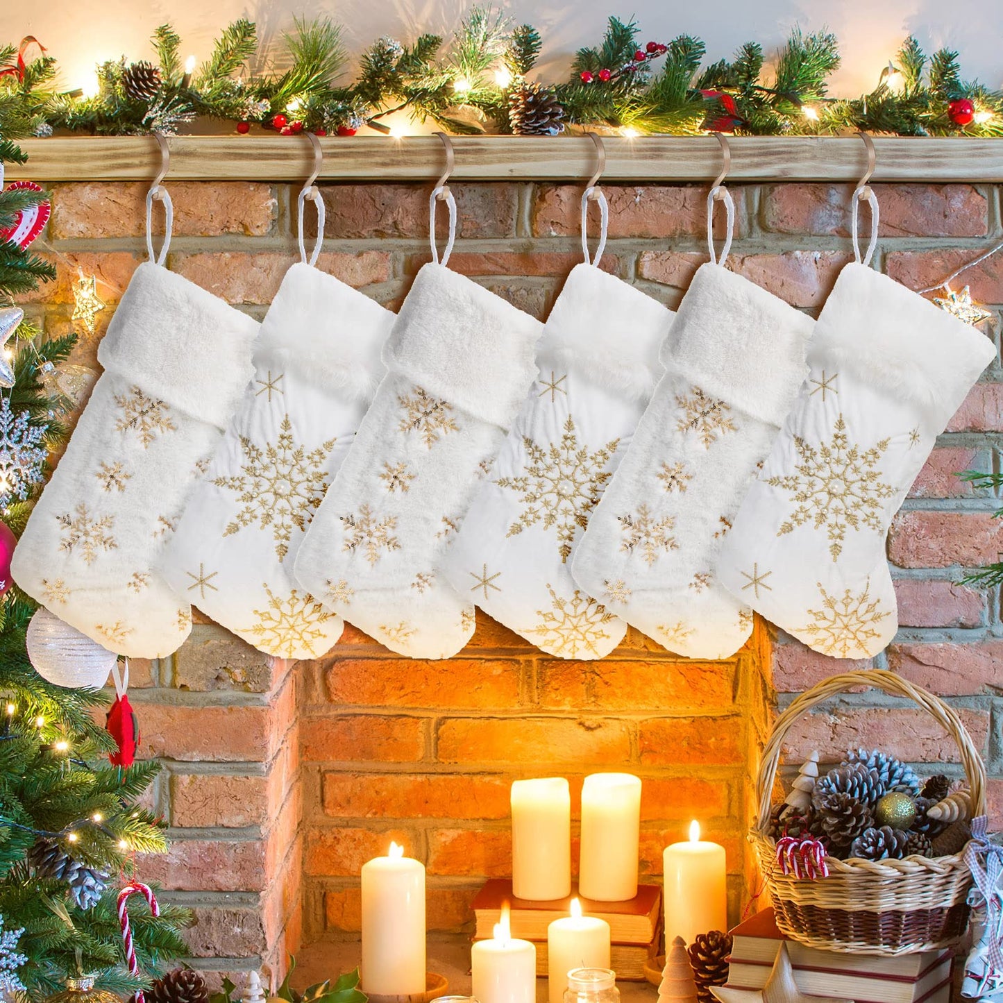 Seematn 6 Pcs Christmas Stockings with 6 Pcs Stocking Holders Set 20 Inch White Faux Fur Xmas Stockings Embroidered Snowflake Xmas Stocking Large Family Holiday Fireplace Hanging Decor(Gold,Stylish)