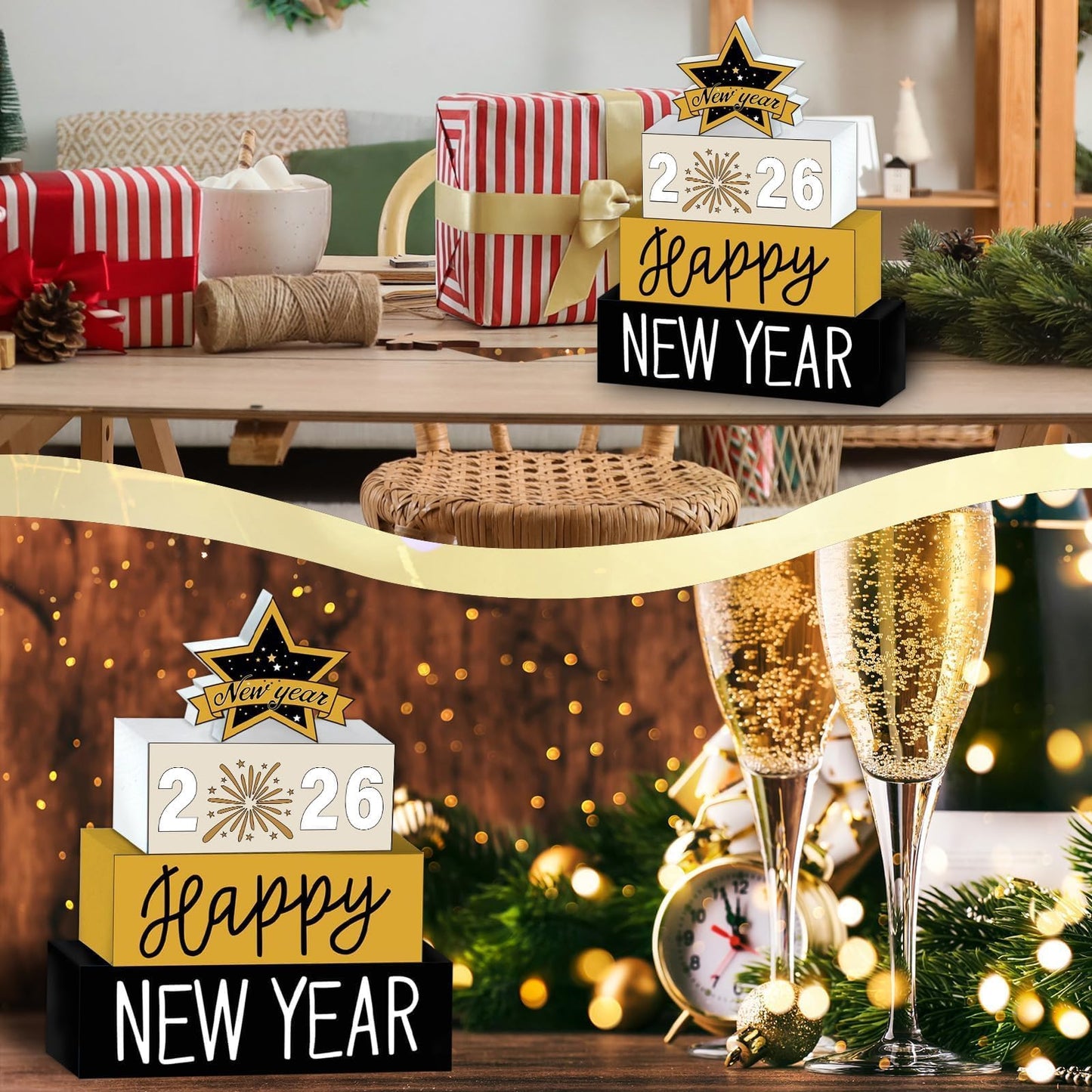4 Pcs Wooden Happy New Year Tabletop Decor 2026 Wooden Block Signs Star Tabletop Decor Tiered Tray Rustic Table Centerpieces