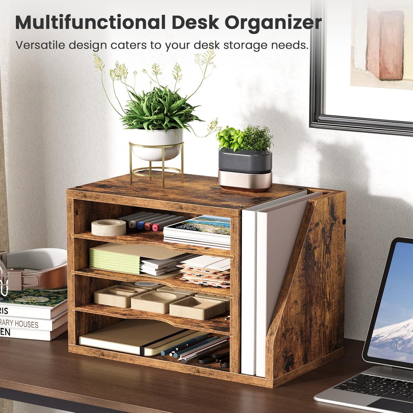 Creso hom Mail Sorter, File Organizer Desktop, Wood Desk Organizer with 3 Adjustable Shelves, Mail Holder for Office, Home, Letter Sorter File Holders for Envelopes, Supplies Magazines, Rustic Brown