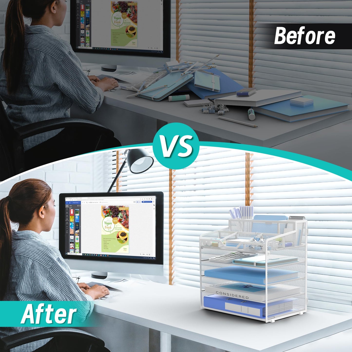 OrgMate 5 Tier Mesh Desk Organizer,Multi Functional Letter Paper Tray with 3 Pen Holders and 5 Adjustable Storage Compartments for Office Supplies Files and Mail Space Saving Desktop Organizer-White