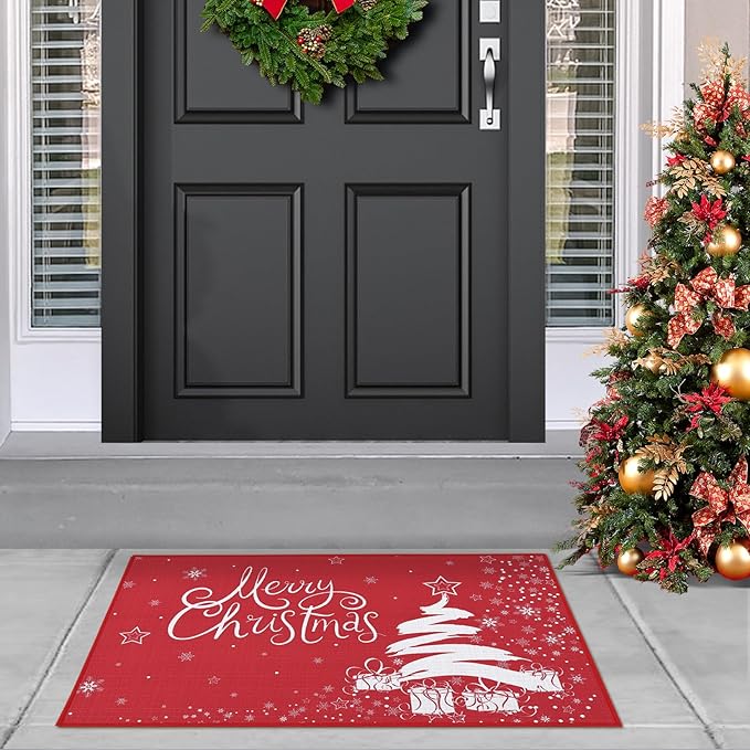 CAROMIO Christmas Welcome Mat 20x32 Inch - Xmas Decorative Doormat with Christmas Tree & Snowflake Pattern - Non Slip, Holiday Outdoor/Indoor Entrance Floor Mat