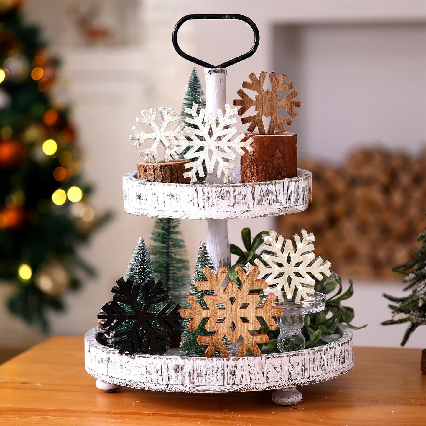 Yuntau 6 Pcs Christmas Table Decoration Wooden Farmhouse Table Centerpieces Rustic Christmas Tree House Reindeer Elk Angel Snowflake Wooden Sign Block Tiered Tray Decor for Xmas Gifts(Snowflake)
