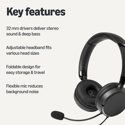 Amazon Basics On Ear Wired Computer Headset with Adjustable Microphone, 3.5mm Port or in-Line Control with USB-A Port, Foldable, Clear Sound, Small/Medium Size, Black