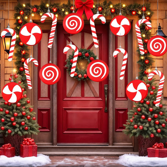 10ct Red and White Christmas Tree Ornaments, Shatterproof Plastic Candy Cane & Lollipop Xmas Decorations for Family, Kids, Candyland Themed Party Supplies