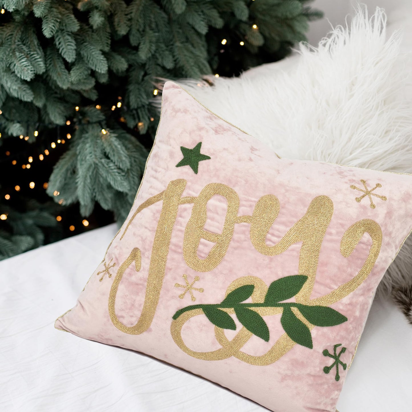 LOOPUINHOM Joy Christmas Pillow Covers 18x18,Embroidered Velvet Christmas Throw Pillow Covers Christmas Decorations Holiday Pillows for Home Couch,Pink Blush/Gold