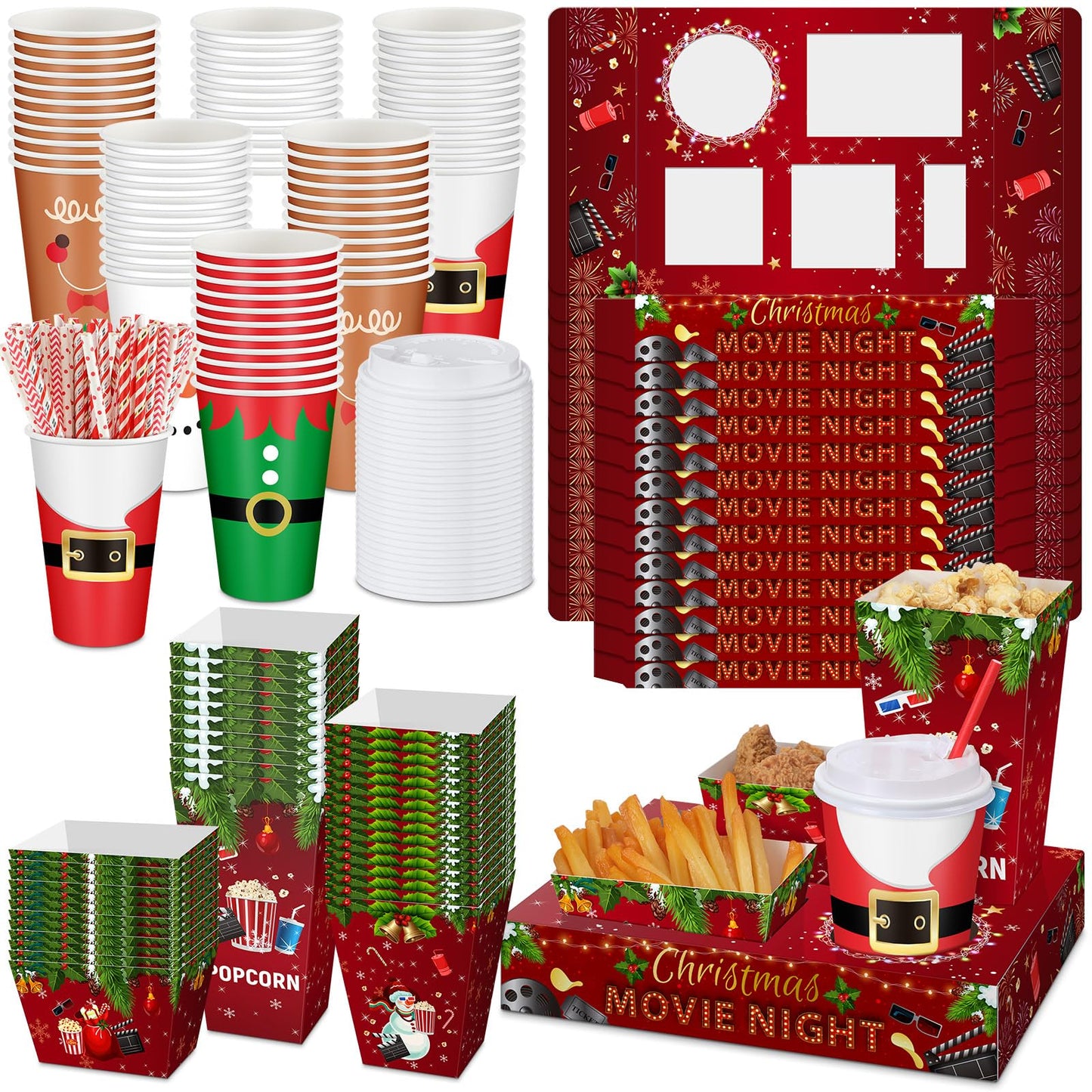 Bokon 172 Pcs/ 24 Sets of Christmas Movie Night Snack Trays 3 Sizes Snow Santa Snack Boxes, 16 oz Disposable Drinks Cups, 50 Straws, Complimentary Sealing Stickers for Cinema Party Decoration