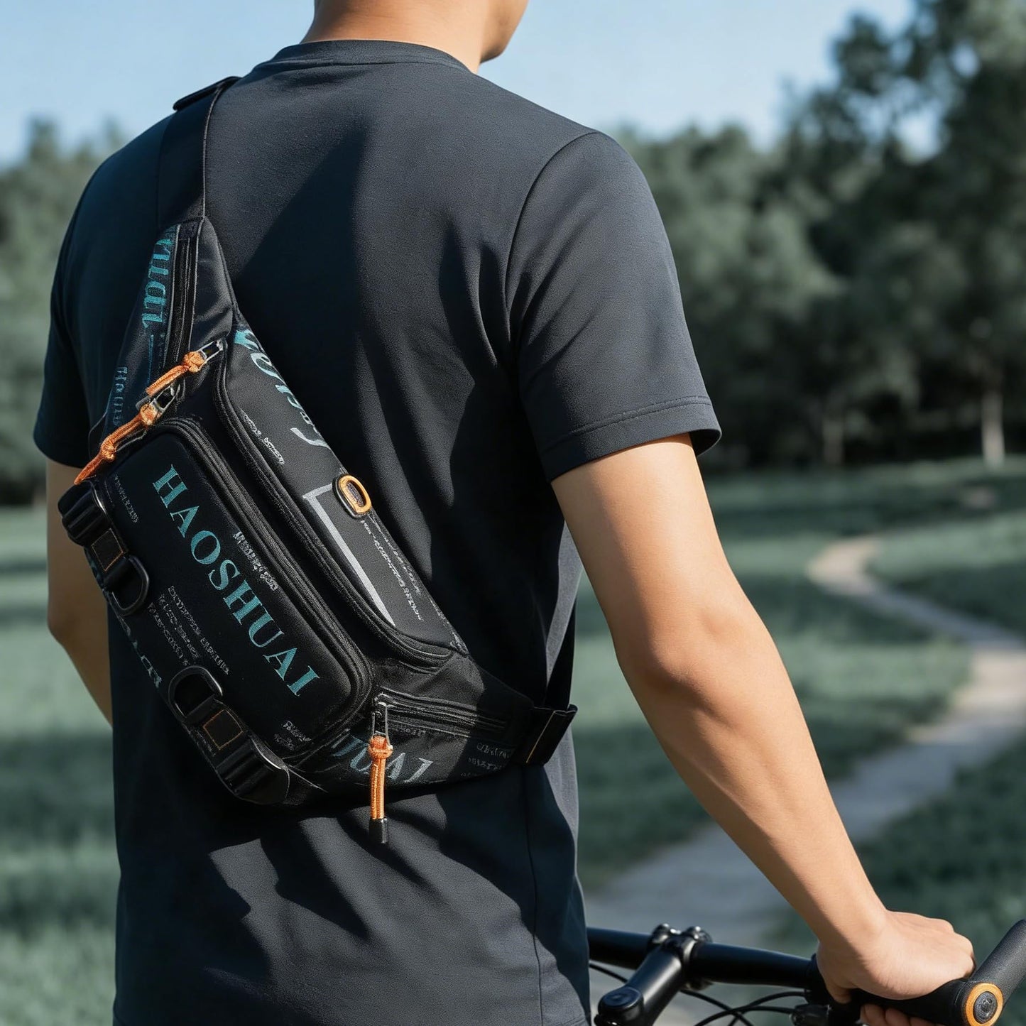 Fanny Pack for Men Women Waist Bag with Headphone Jack Utility Hip Belt Pouch Crossbody Bags Bumbag for Cycling Hiking Walking Fishing Black02