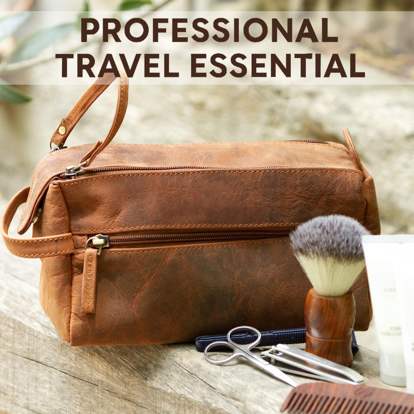 Leather Toiletry Bag – Stylish & Durable Dopp Kit with Water Resistant Lining – Travel Shaving Kit Organizer for Bathroom & Overnight Trips - Great Gift for Men & Women