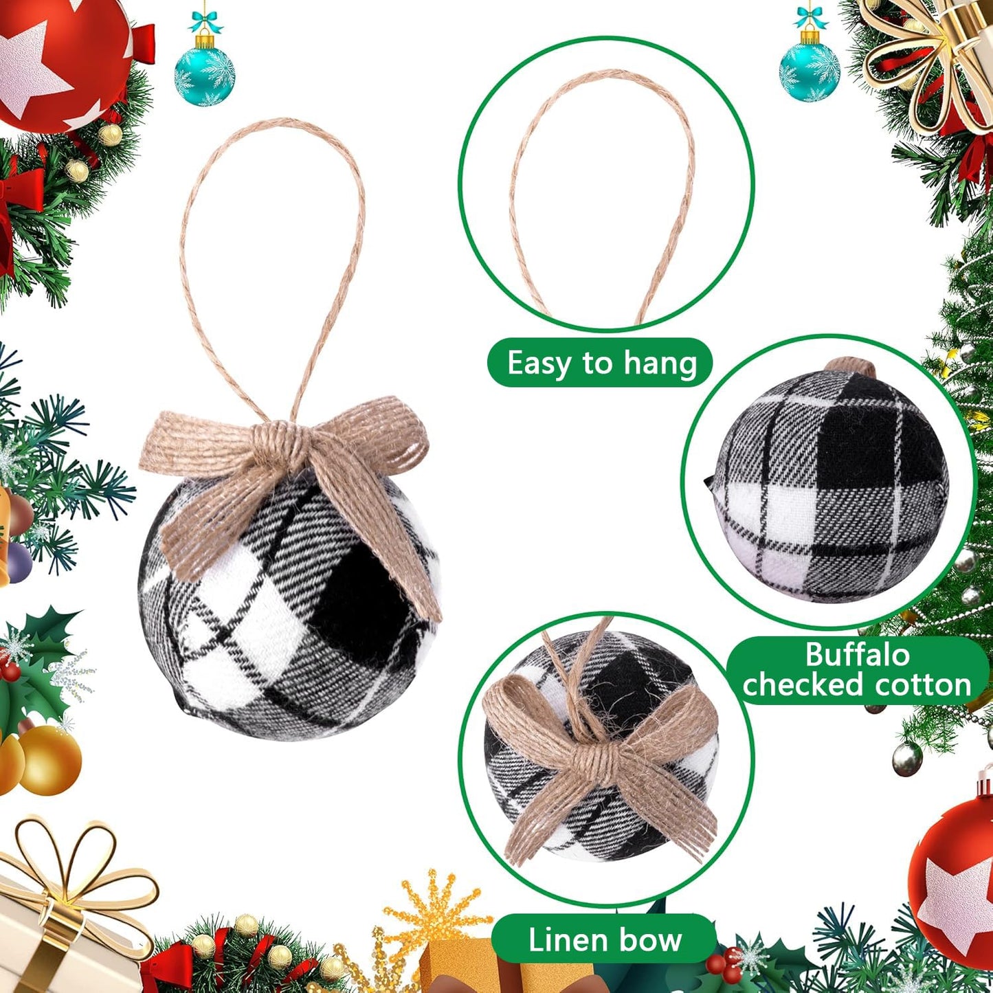 Deloky 16 Pcs Buffalo Plaid Fabric Ball- 2 Inch Christmas Fabric Wrapped Burlap Balls- Rustic Ball Ornaments with Bow for Christmas Tree Party Decoration Supplies