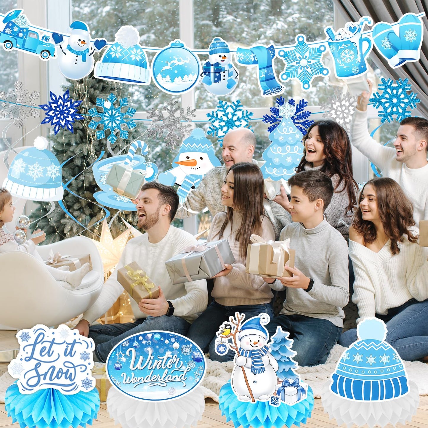 Winter Wonderland Party Decorations Winter-Themed Banner Snowflake Snowman Table Centerpieces Snowflake Frozen Ceiling Hanging Streamers for Wonderland Frozen Winter It's Snowing Party Supplies