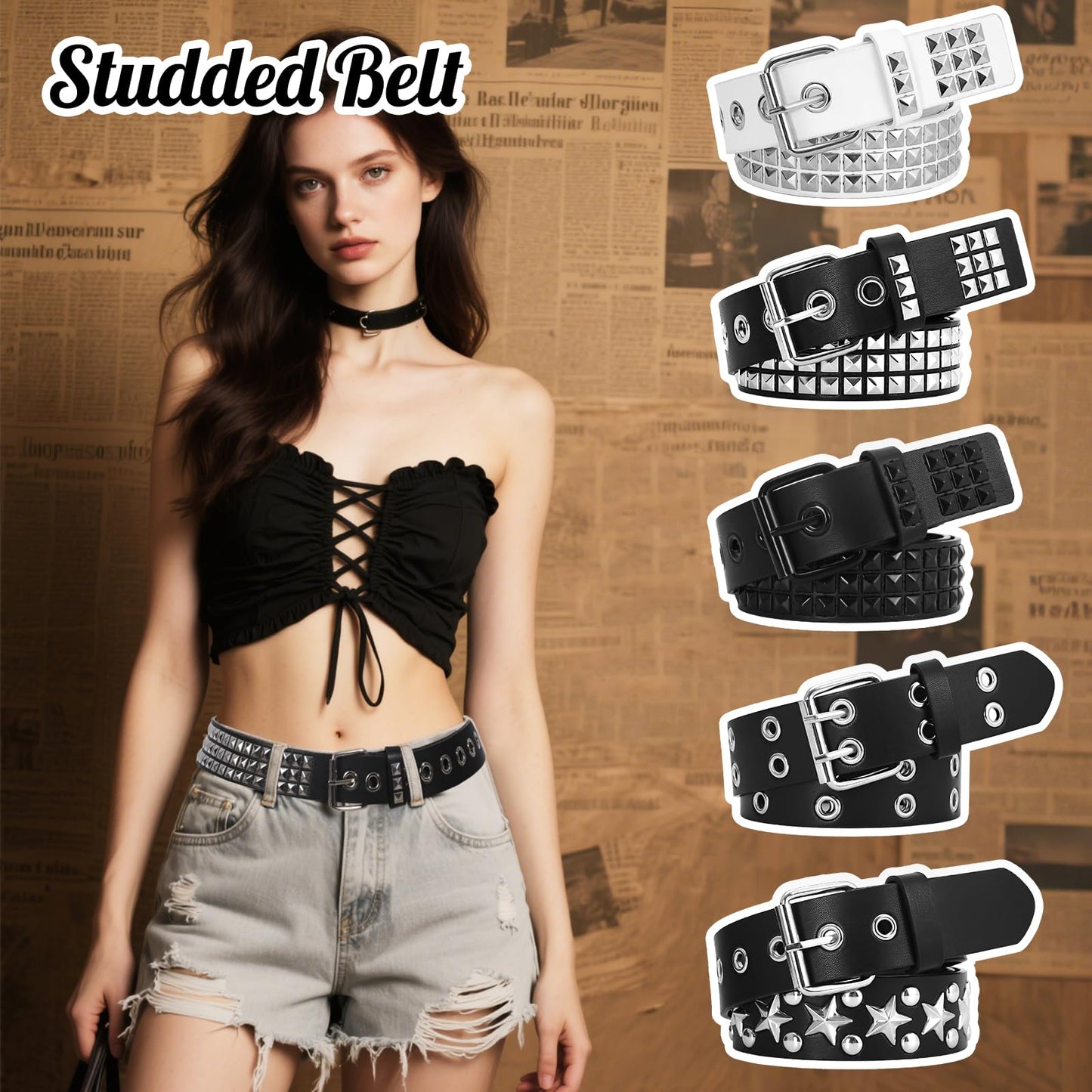 SNCEAW 3 Pcs Studded Belt Y2K Metal Goth Punk Rock Rivet Belt with Bright Pyramid Studded for Women Men (Silver+Black+Double Holes, Fit Pant 27-32 inch)