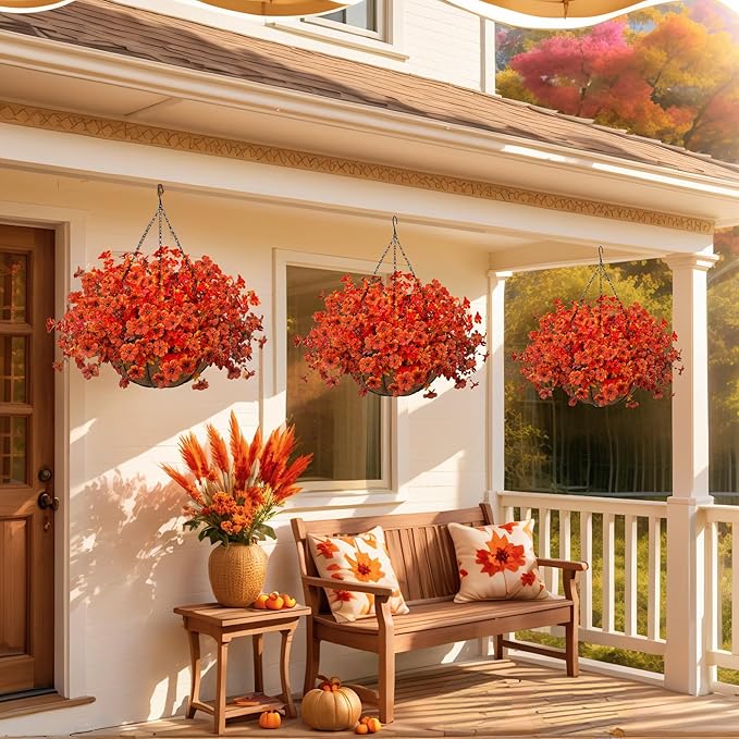 Artificial Fall Flowers with Hanging Baskets Outdoors for Decoration Faux mums for Outdoor planters Fake Mums Artificial Hanging Plants UV Resistant for Autumn Porch Home Patio Decor (Harvest Orange)