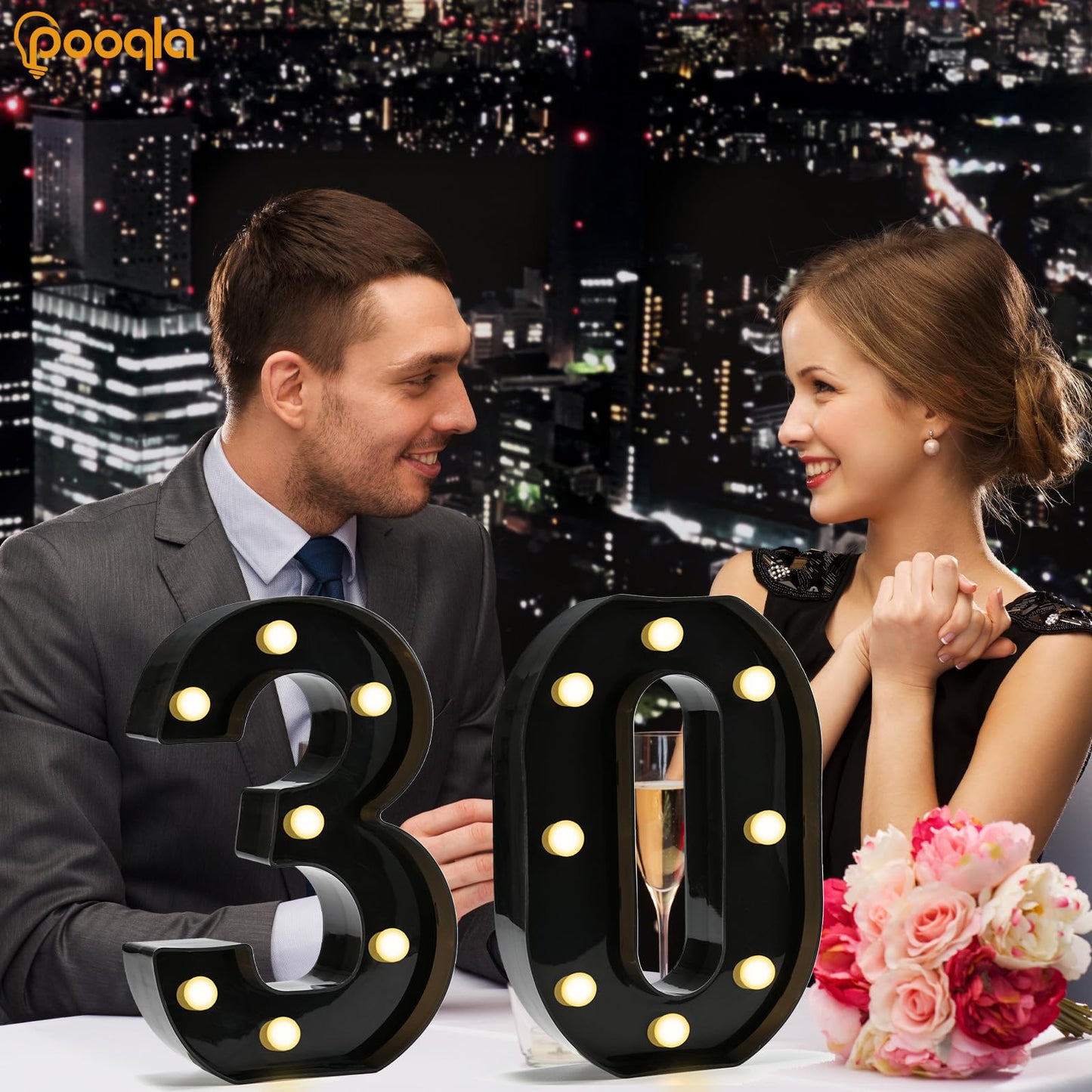 Pooqla Decorative Led Light Up Number Letters, Black Plastic Marquee Number Lights Sign for 30th Birthday Party Wedding Decor Battery Operated Black Decoration 30