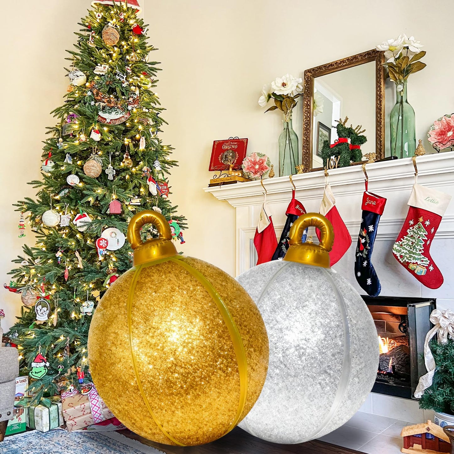 2 Pack 24 Inch Inflatable Christmas Balls, Giant Inflatable Ornaments Outdoor, Extra Large Outdoor Christmas Ornaments for Lawn, Porch, and Front Door (Gold and Silver)
