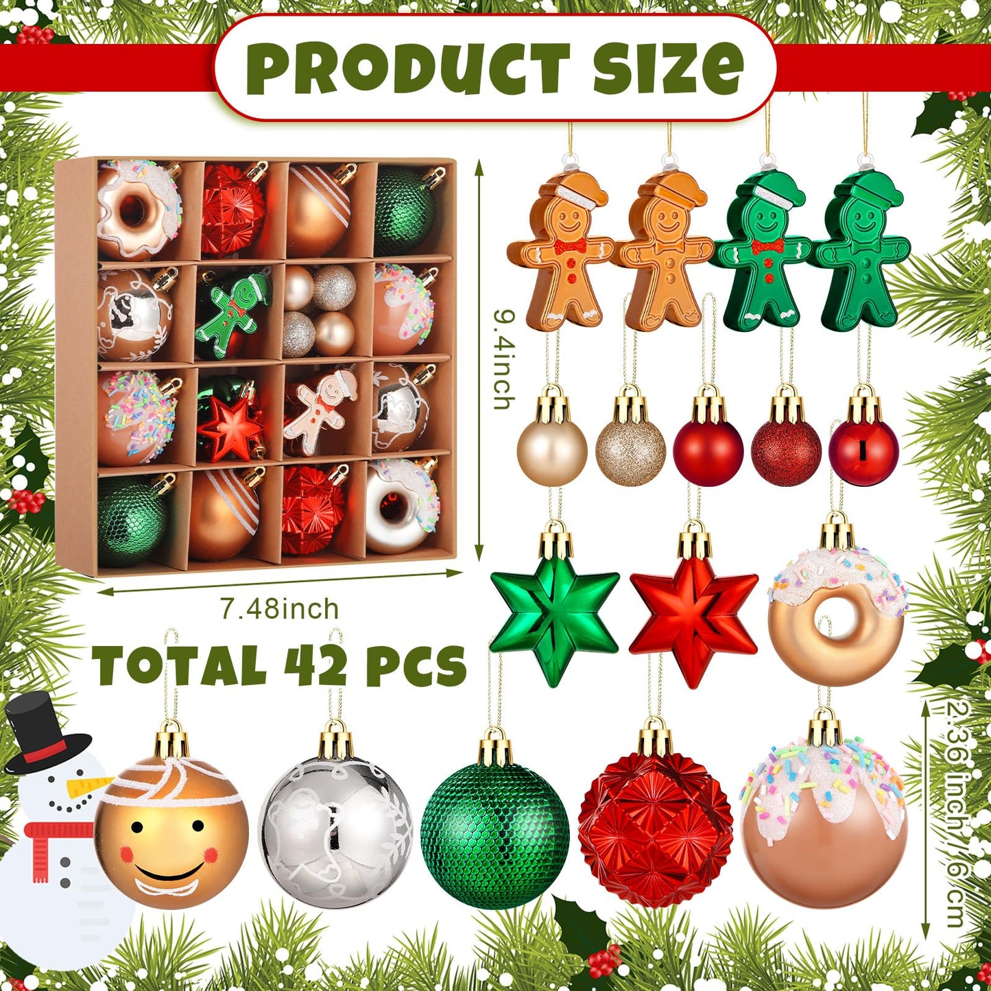 Syhood 40 Pcs Gingerbread Man Christmas Ball Ornaments 2.4 Inch Gingerbread Christmas Decorations Shatterproof Red Green Gold Candy Donut Xmas Baubles for Tree Home Wreath Holiday Office Indoor Decor